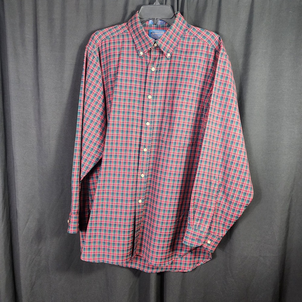 Sir Pendleton Mens Large Red Green Plaid Worsted Virgin‎ Wool Button Down Shirt